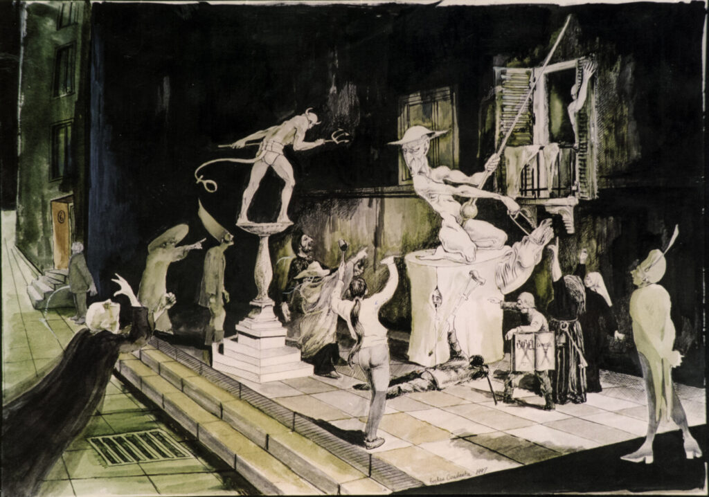 Don Quijote in Piaţă by Bogdan Constantin, Watercolor and ink
